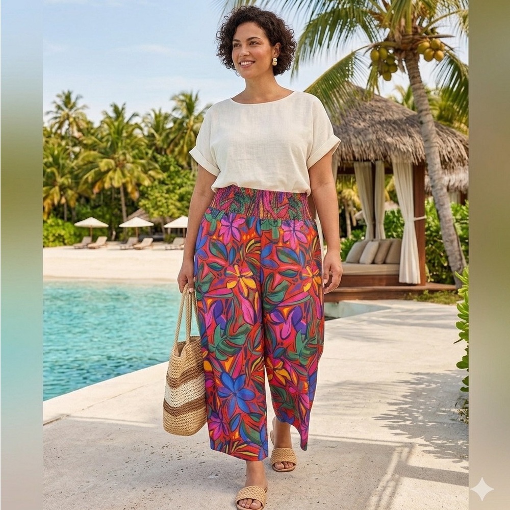 Sugarlips Tropical Printed Wide Leg Satin Pants NWOT 2x
